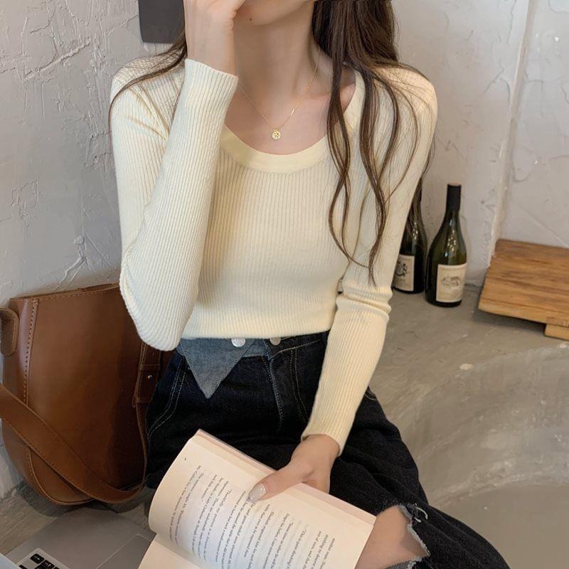 Long Sleeve Crew Neck Plain Ribbed Knit Top Product Image