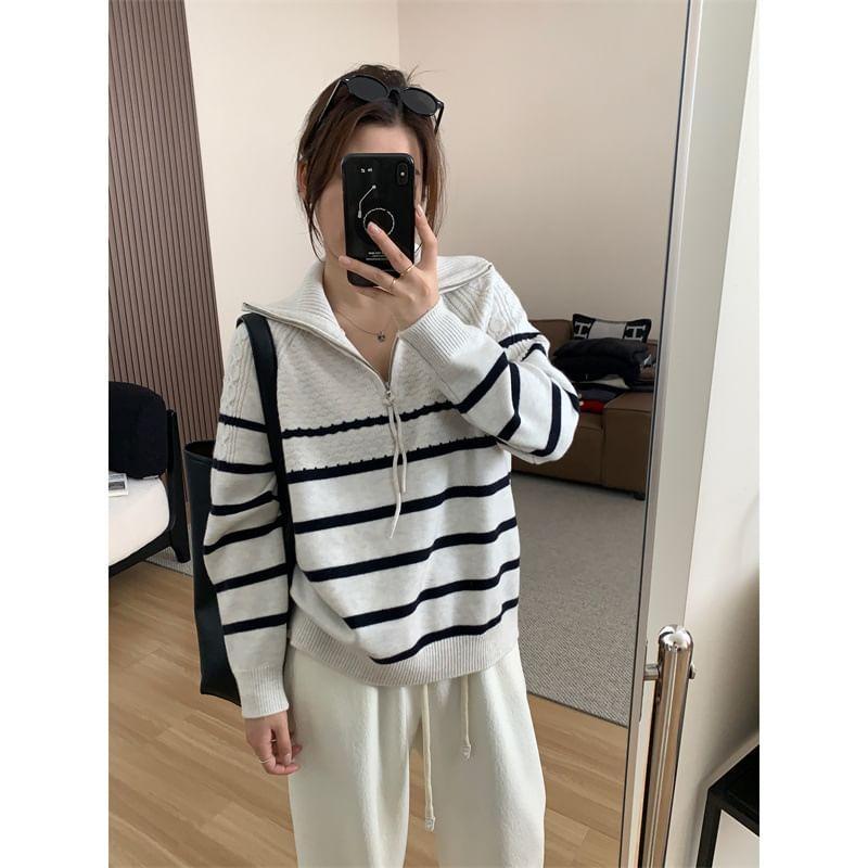 Stand Collar Striped Half Zip Sweater Product Image