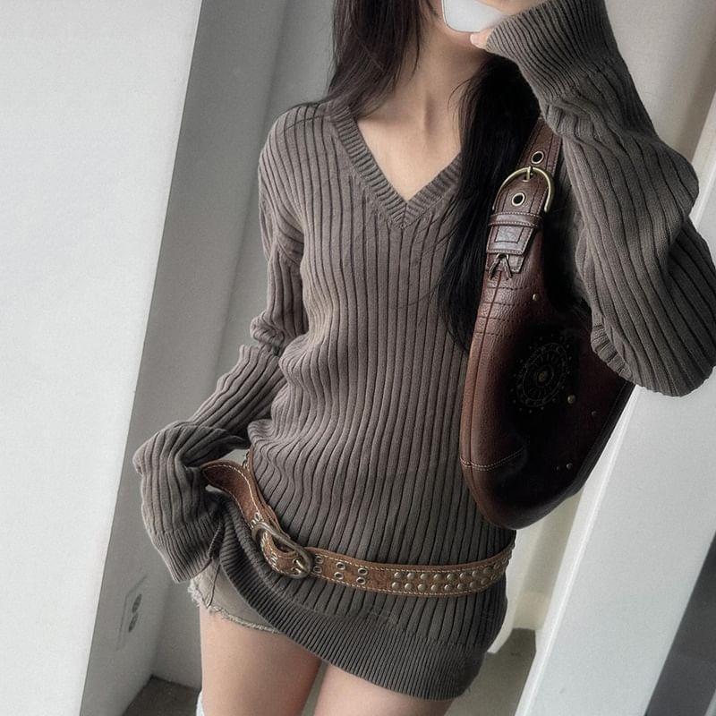 Long Sleeve V-Neck Plain Ribbed-Knit Slim-Fit Sweater Product Image