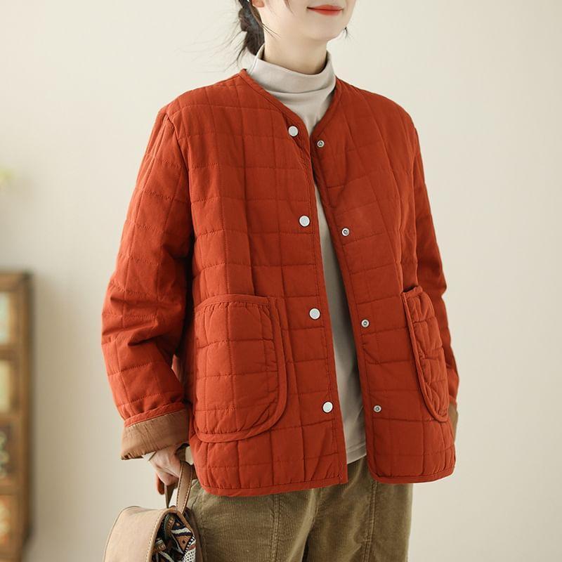 V-Neck Plain Quilted Button Jacket Product Image