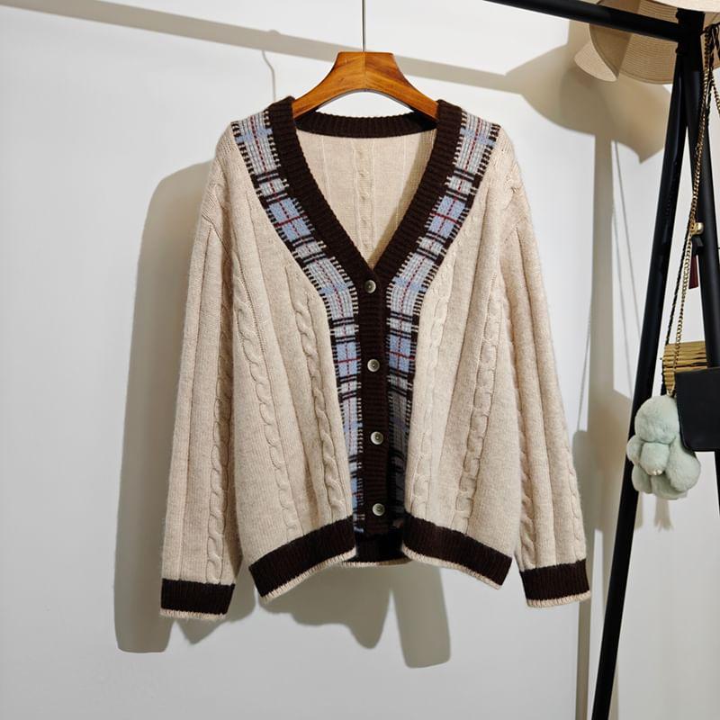 V-Neck Plaid Panel Cable Knitted Button Cardigan Product Image