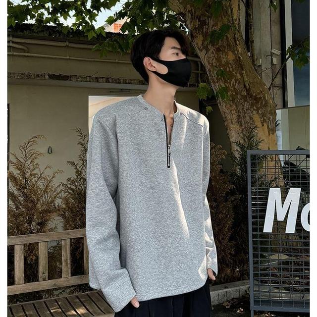 Long Sleeve Crew Neck Half Zip Plain T-Shirt Product Image