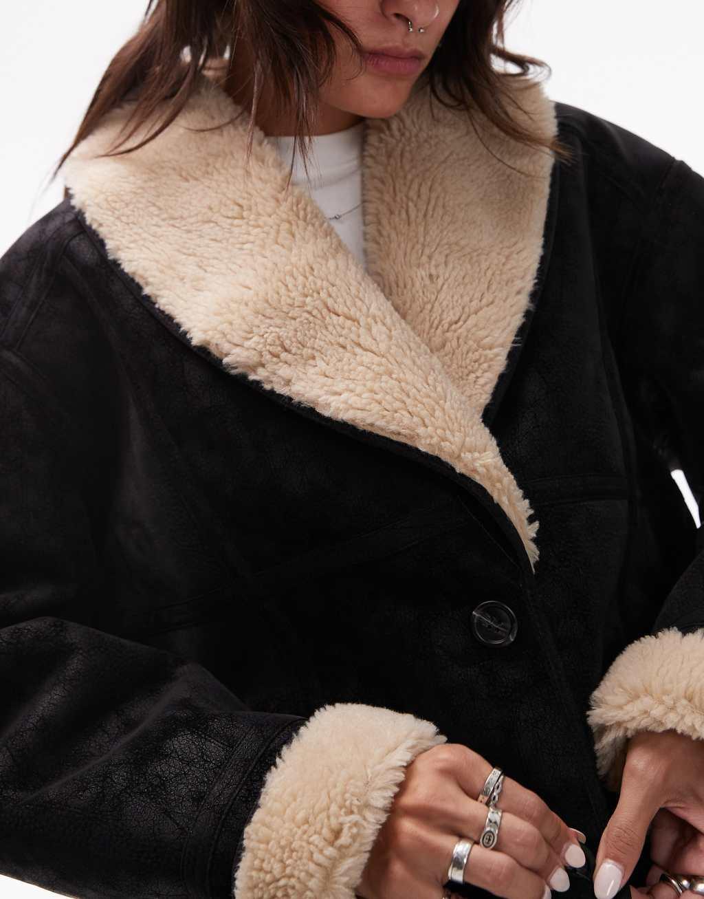 Topshop shearling car coat in black and cream Product Image