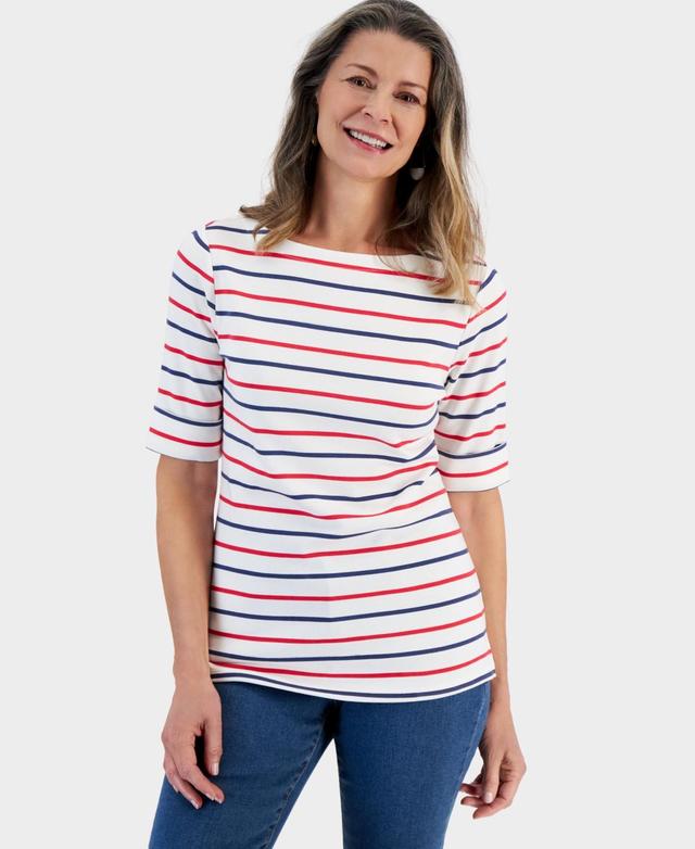 Style & Co Womens Striped Boat-Neck Elbow-Sleeve Top, Created for Macys Product Image