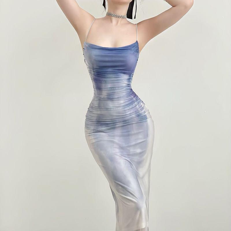 Spaghetti Strap Tie Dye Mesh Maxi Sheath Dress Product Image