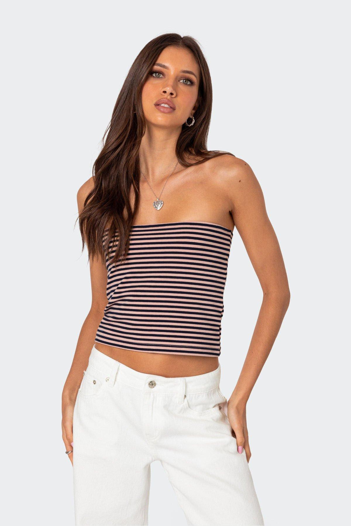 Edikted Women's Lilah Striped Tube Top in Blue/Pink - Product Image