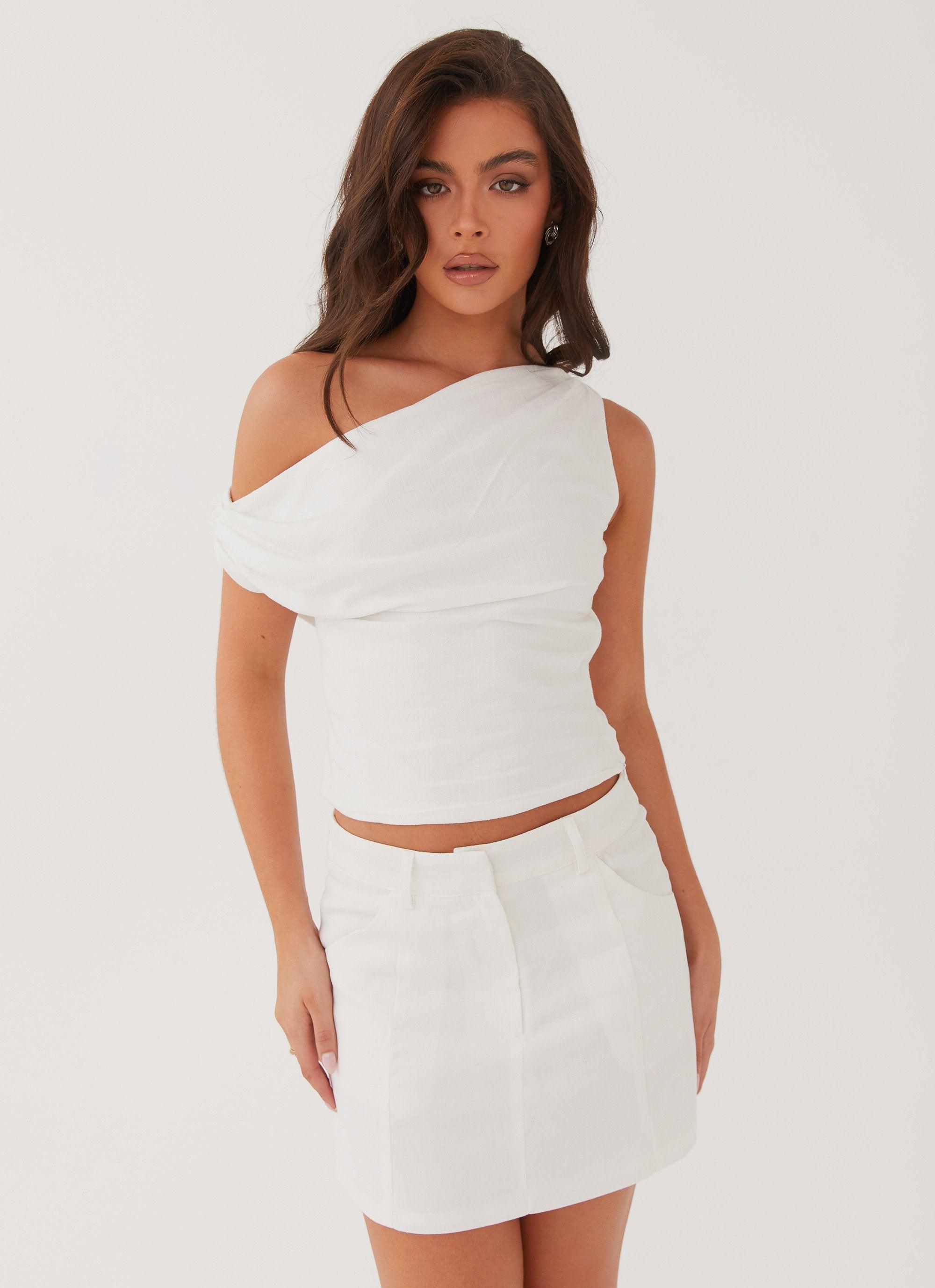 Marissa Linen One Shoulder Top - White Product Image