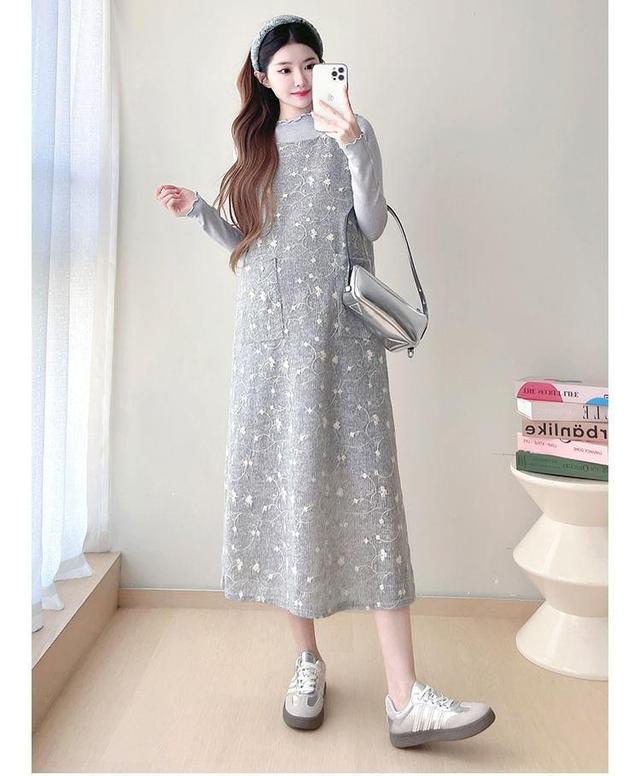 Maternity Long-Sleeve Lettuce Edge Knit Top / Scoop Neck Floral Embroidered A-Line Overall Dress Product Image