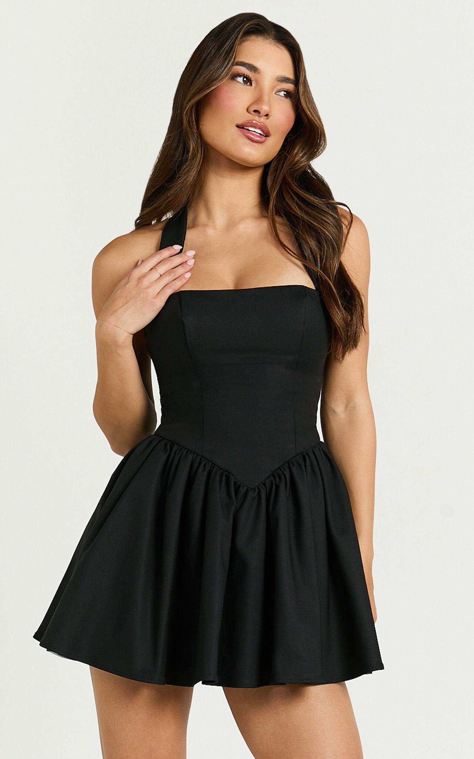 Helda Mini Dress - Halter Tie Neck Corset Panel Dress in Black Product Image