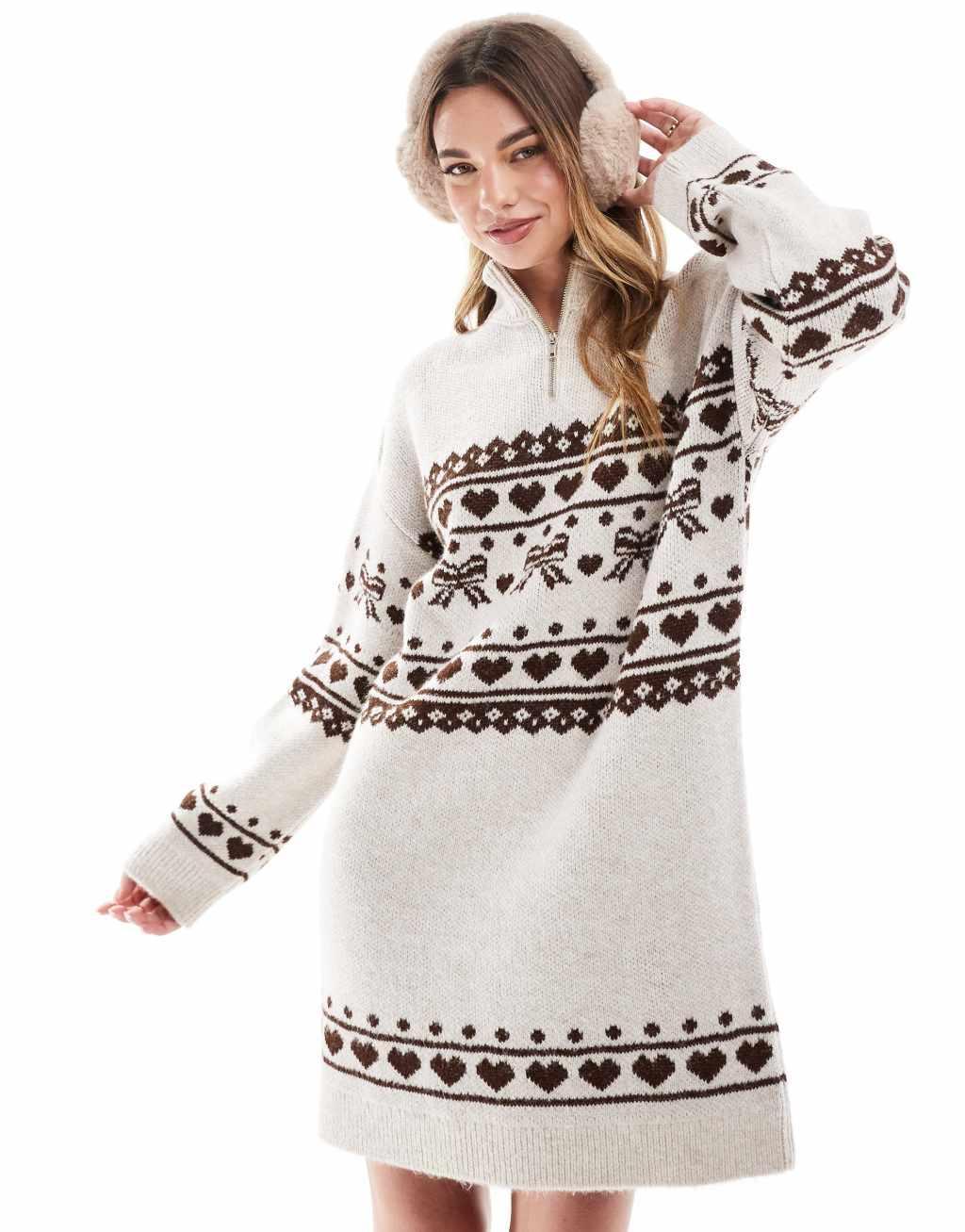 Miss Selfridge high zip neck fairisle mini dress Product Image