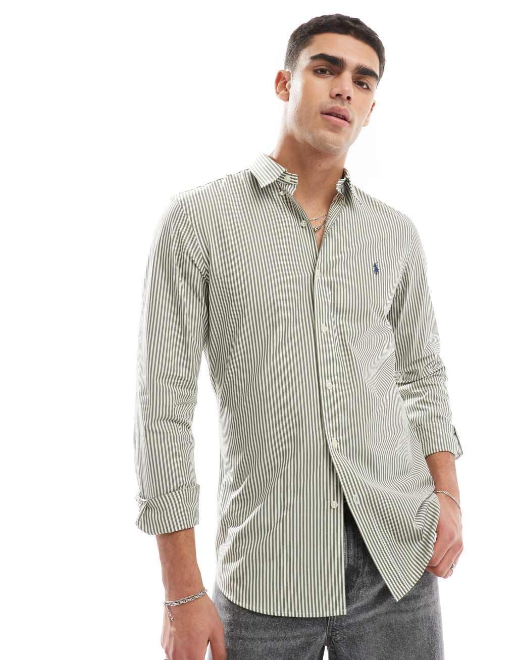 Polo Ralph Lauren icon logo slim fit stripe stretch poplin shirt in green/white Product Image