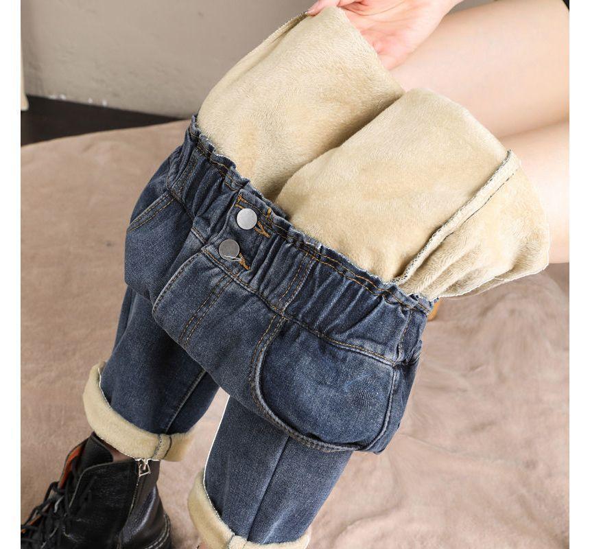 Elastic Waist Fleece-Lined Tapered Jeans Product Image