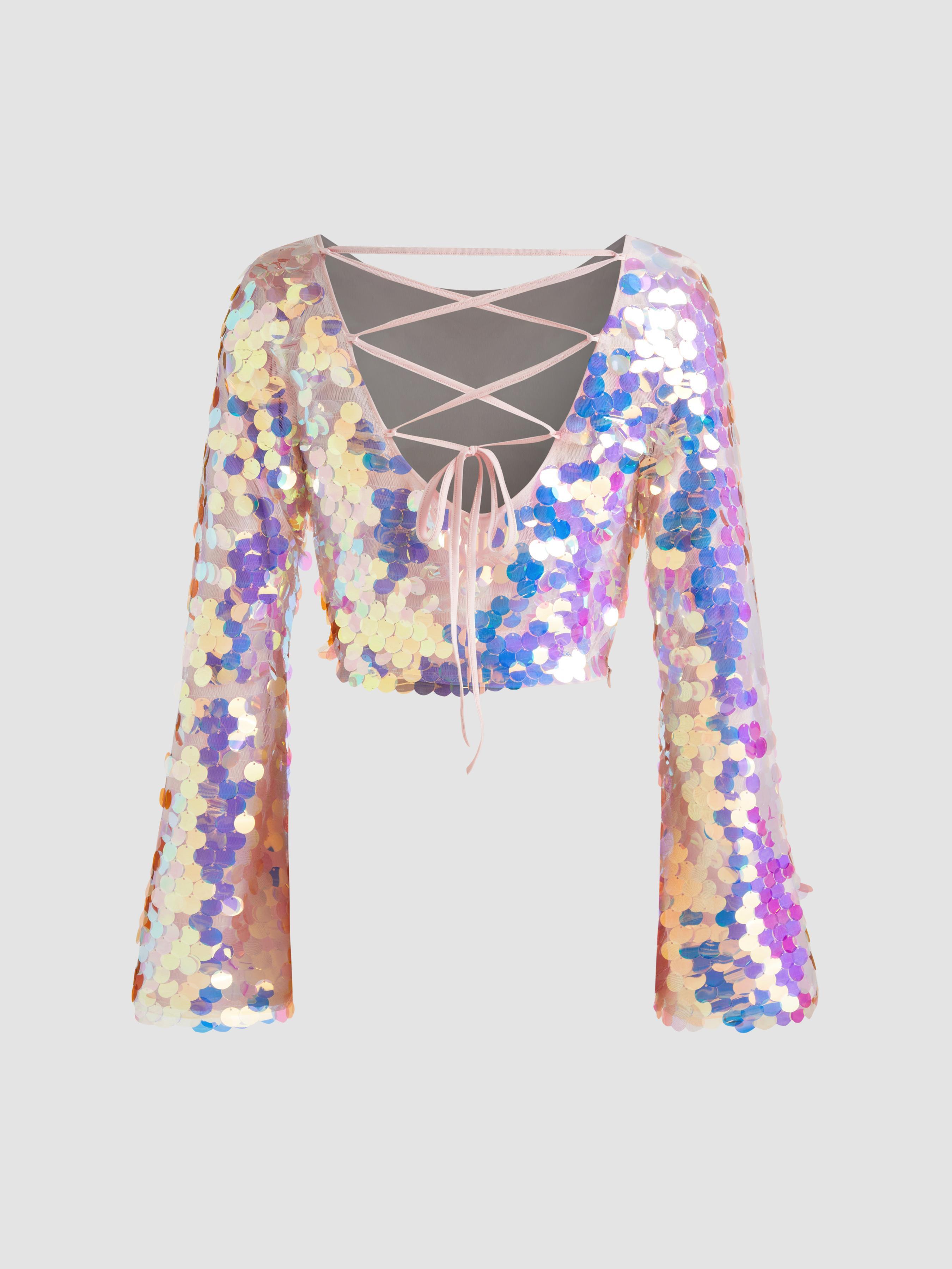 Sequin Boat Neck Criss Cross Knotted Long Sleeve Crop Blouse Product Image