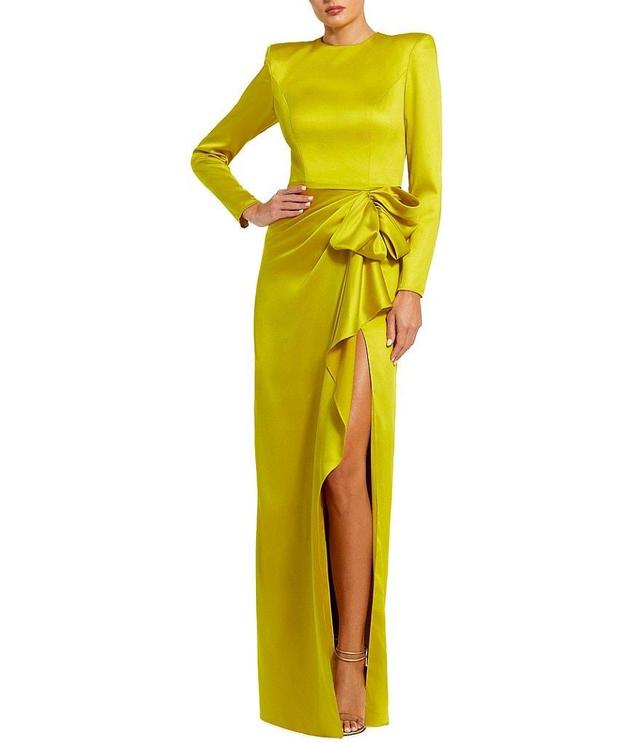 Mac Duggal Long Sleeve Crew Neck Ruched Waist Draped Bow Thigh High Slit Satin A-Line Gown Product Image