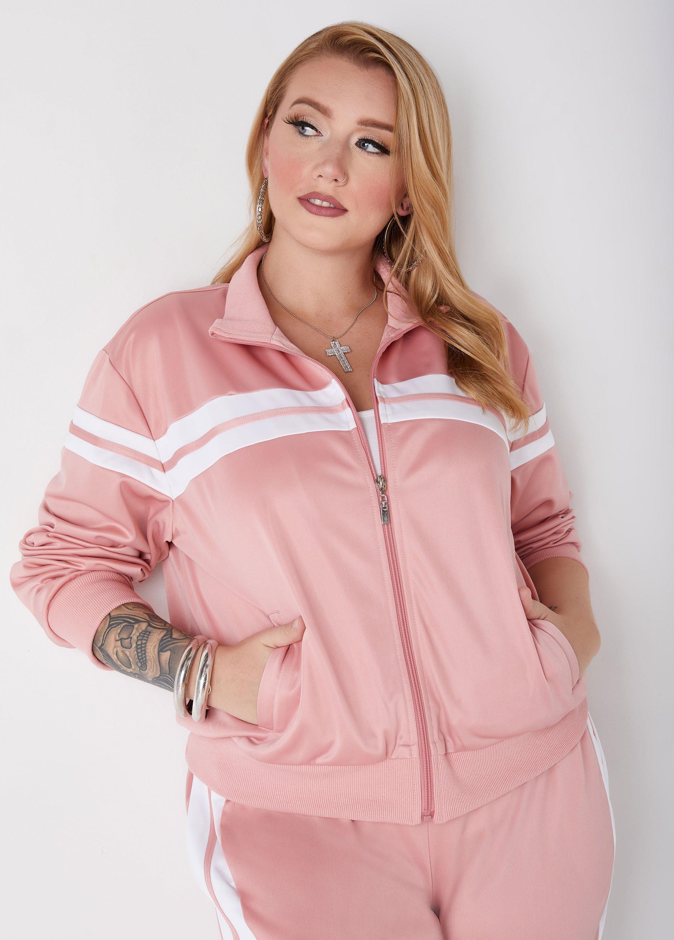 Plus Size Zip Front Striped Track Jacket, - Ashley Stewart Product Image