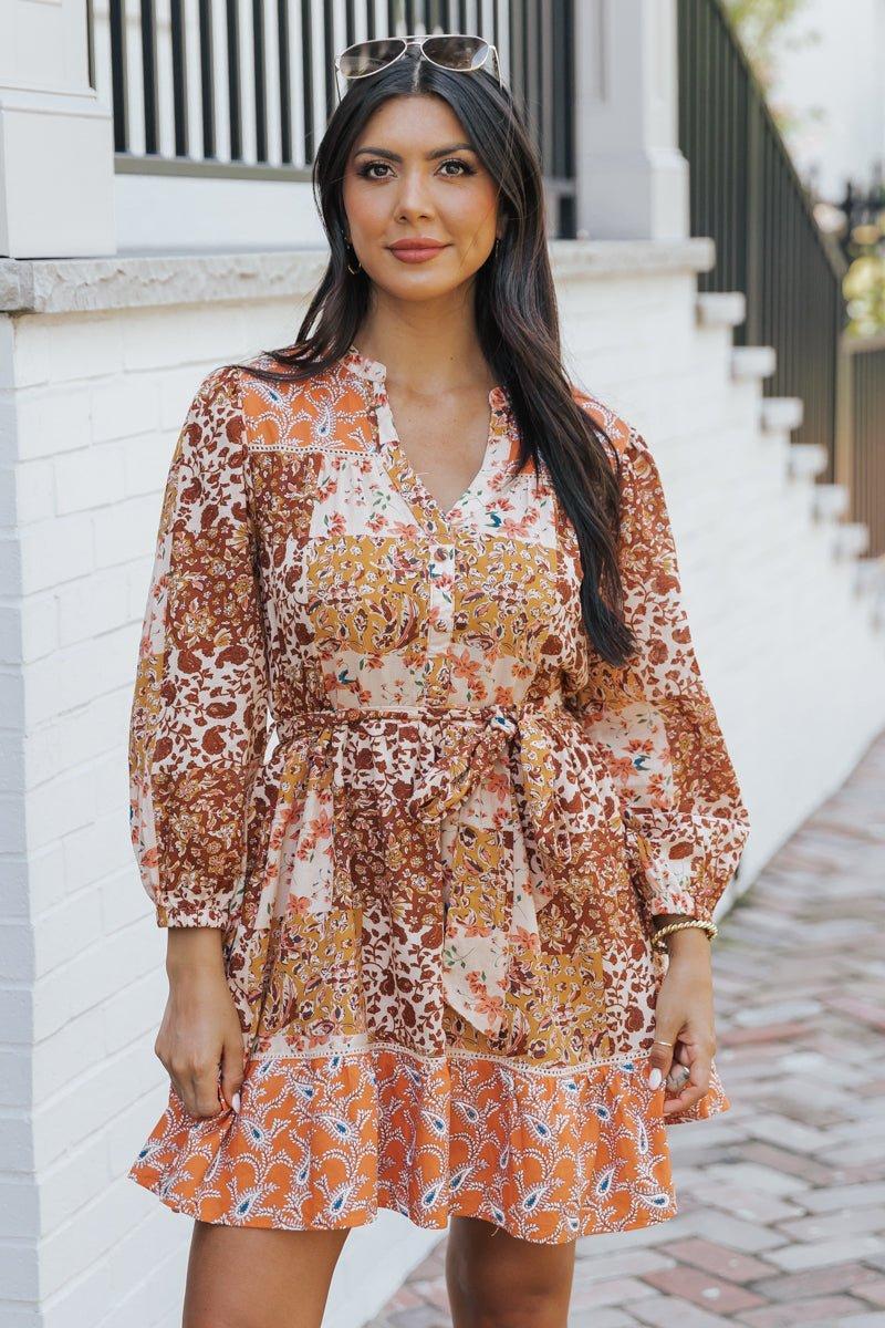 Orange Floral Print Belted Mini Dress - FINAL SALE Product Image