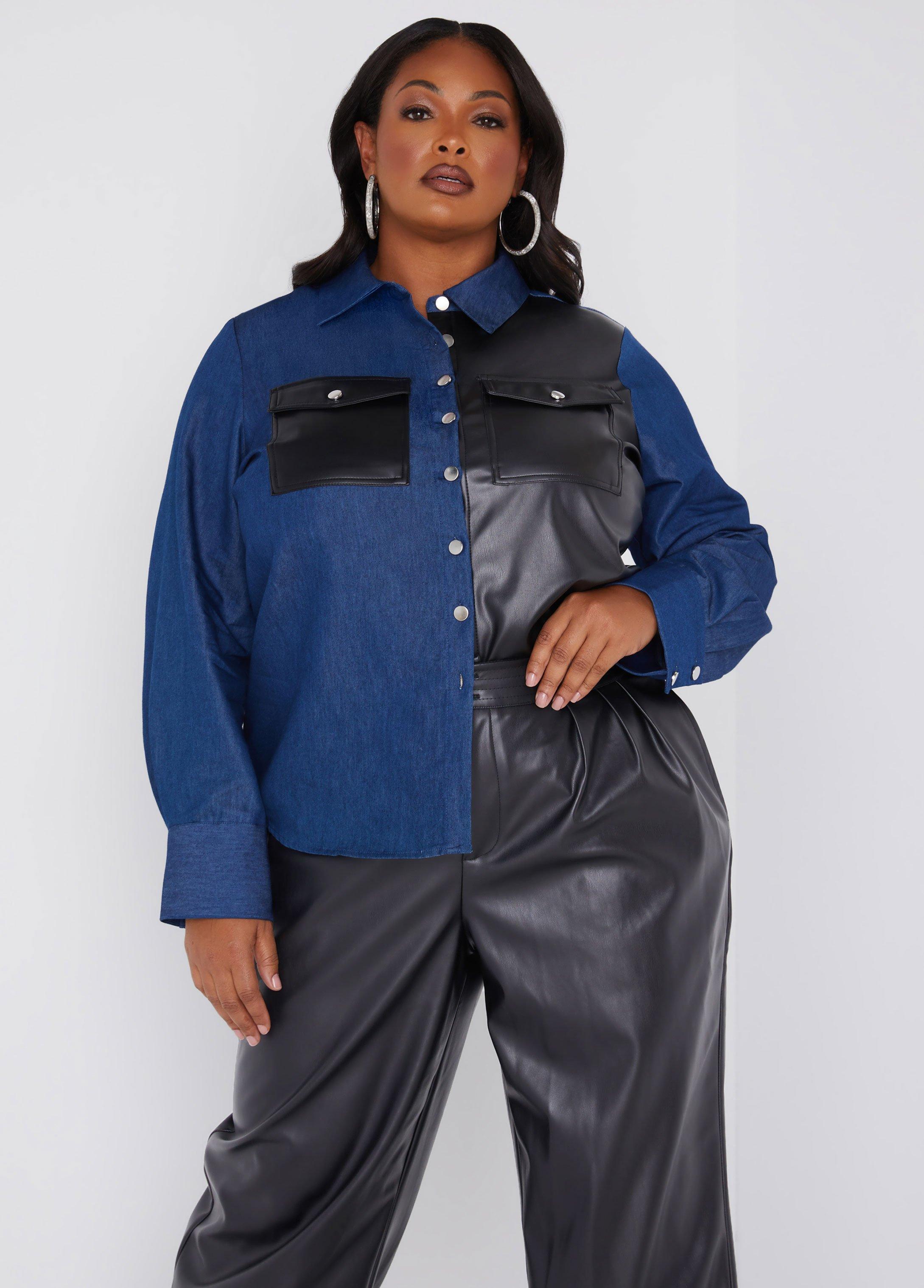 Plus Size Faux Leather And Chambray Shirt Ashley Stewart Product Image