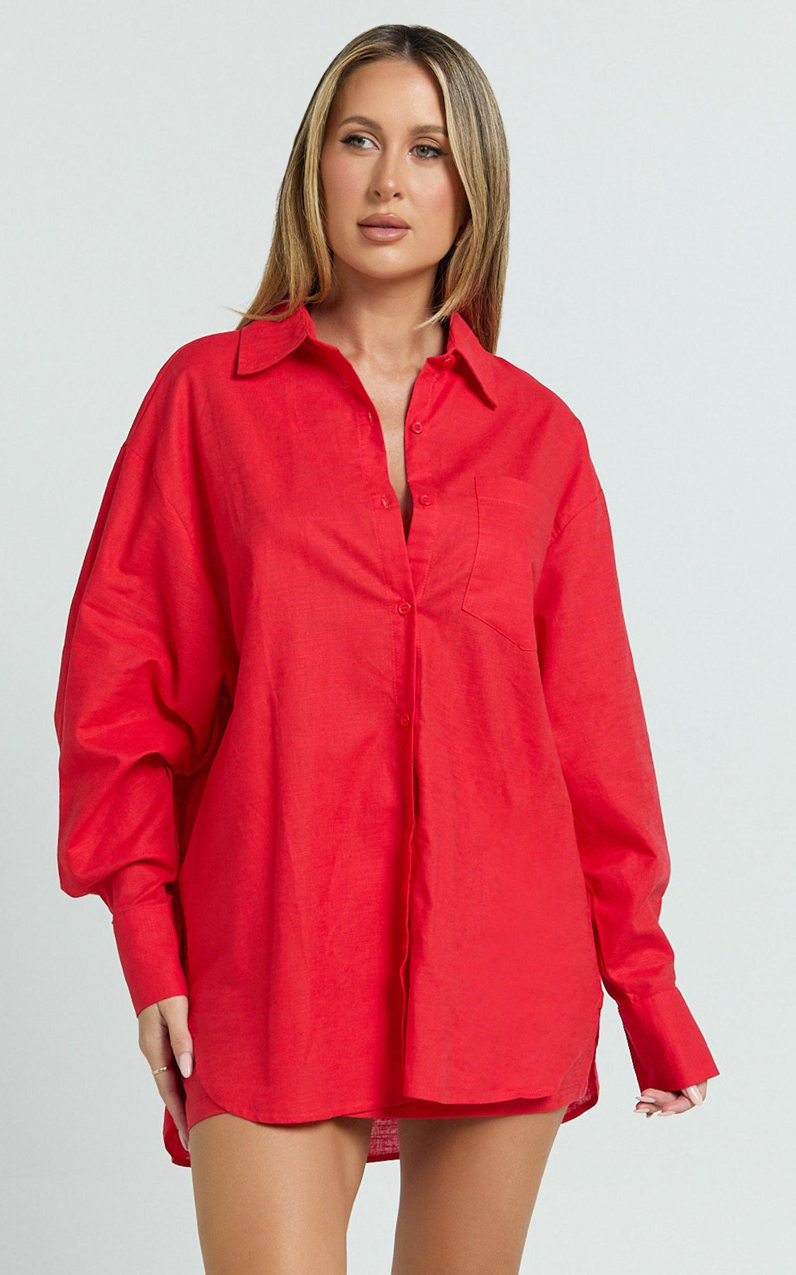 Anziel Top - Oversized Long Sleeve Linen Blend Shirt in Red Product Image