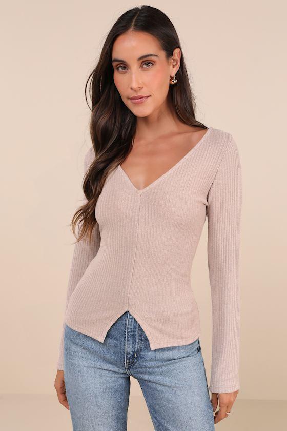 Novel Poise Beige Textured V-Neck Long Sleeve Top Product Image