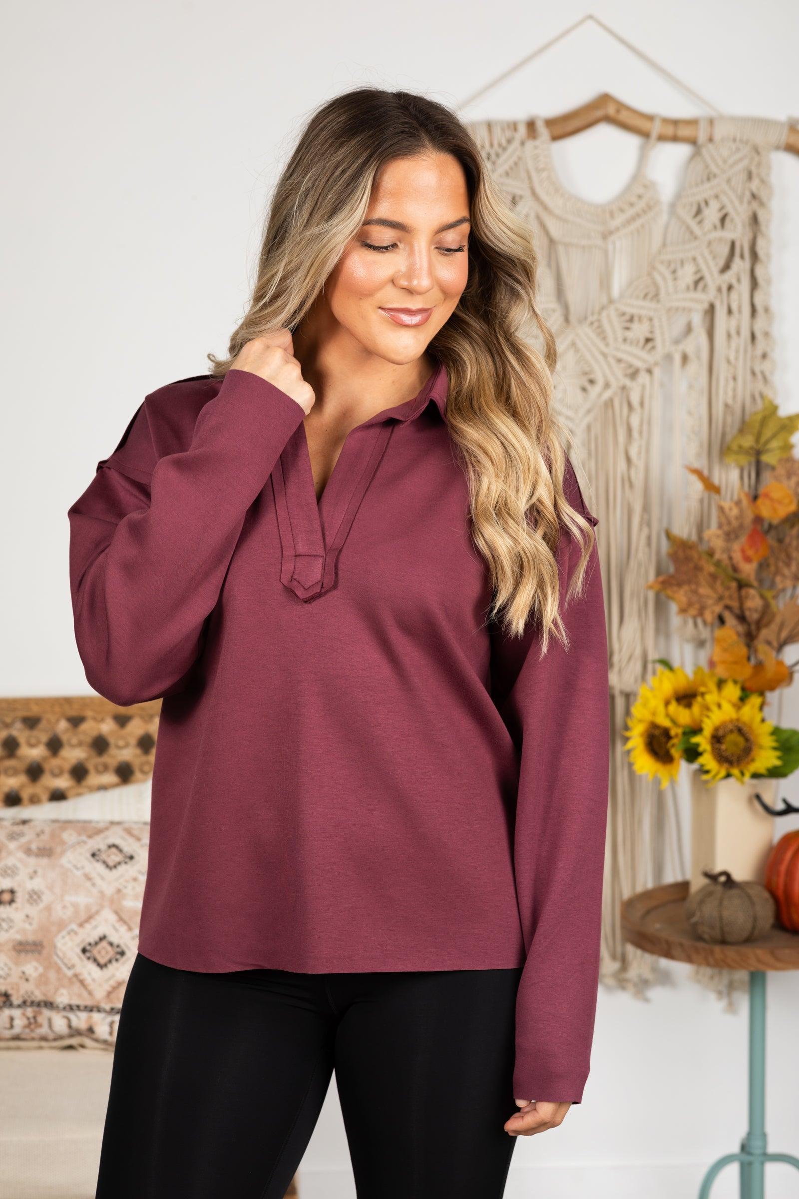 Plum V-Neck Collar Knit Long Sleeve Top Product Image