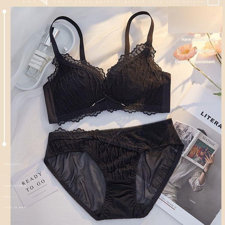 Plain Bow Lace Trim Wireless Bra / Panty / Set Product Image