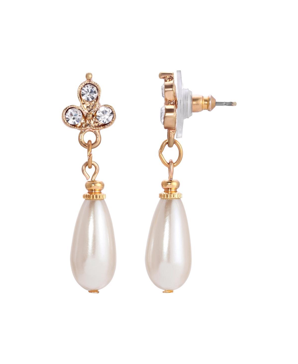 1928 Gold Tone Simulated Pearl & Crystal Drop Earrings, Womens, White Product Image