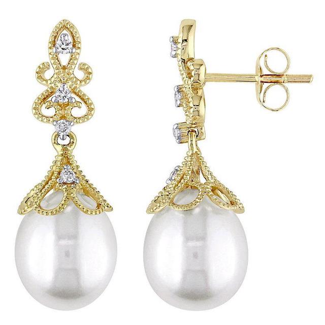 Stella Grace 14k Gold Freshwater Cultured Pearl & 1/10 Carat T.W. Diamond Vintage Drop Earrings, Womens Product Image