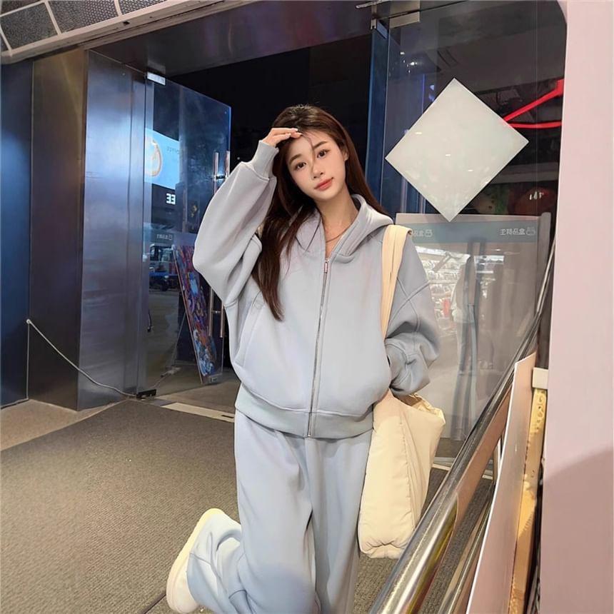 Plain Zip Hoodie / Mid Rise Wide Leg Pants Product Image