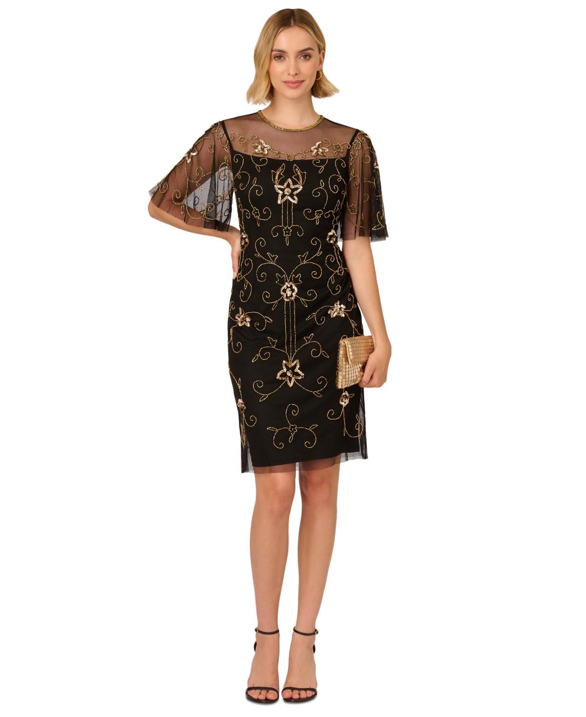 Adrianna Papell Womens Beaded Illusion-Neck Dress - Black product image