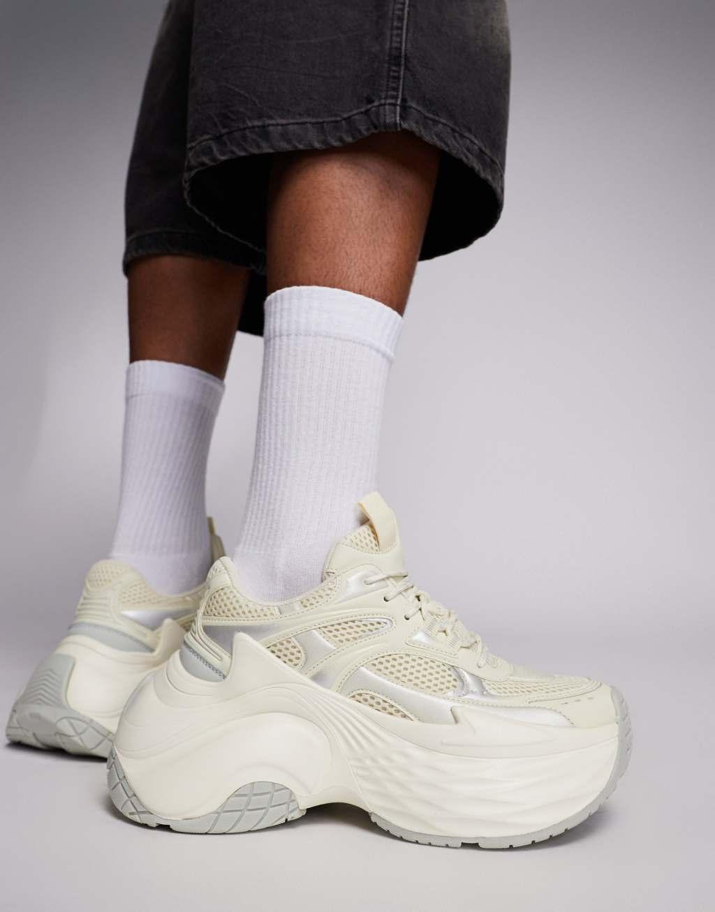 ASOS DESIGN chunky sneakers in white mesh and faux leather paneling Product Image