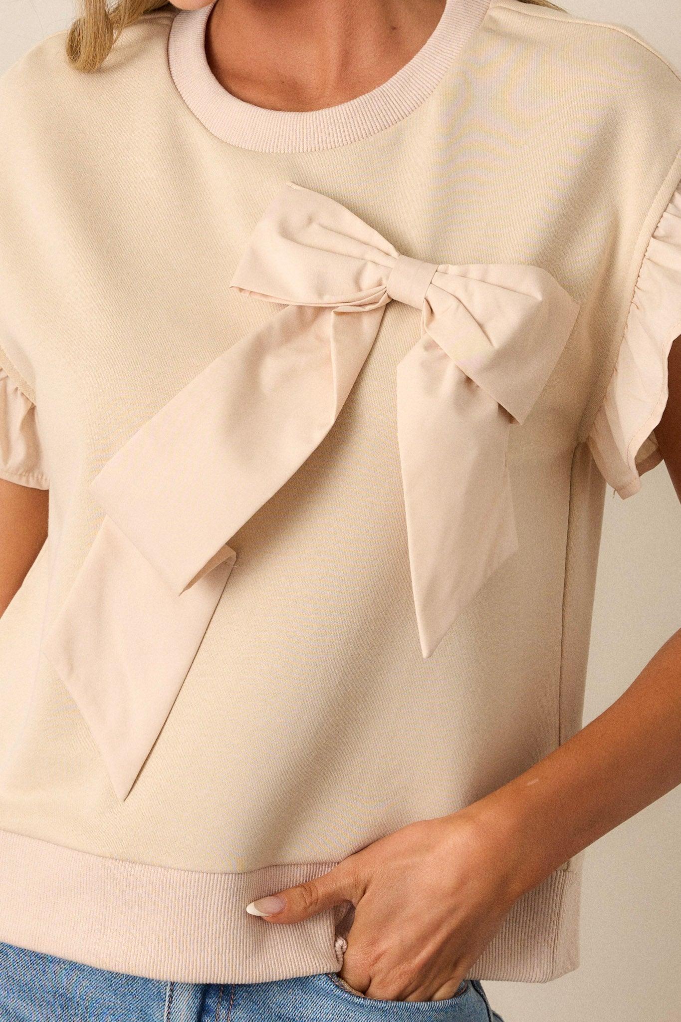 Can't Stop Me Beige Ruffle Sleeve Bow Top Product Image