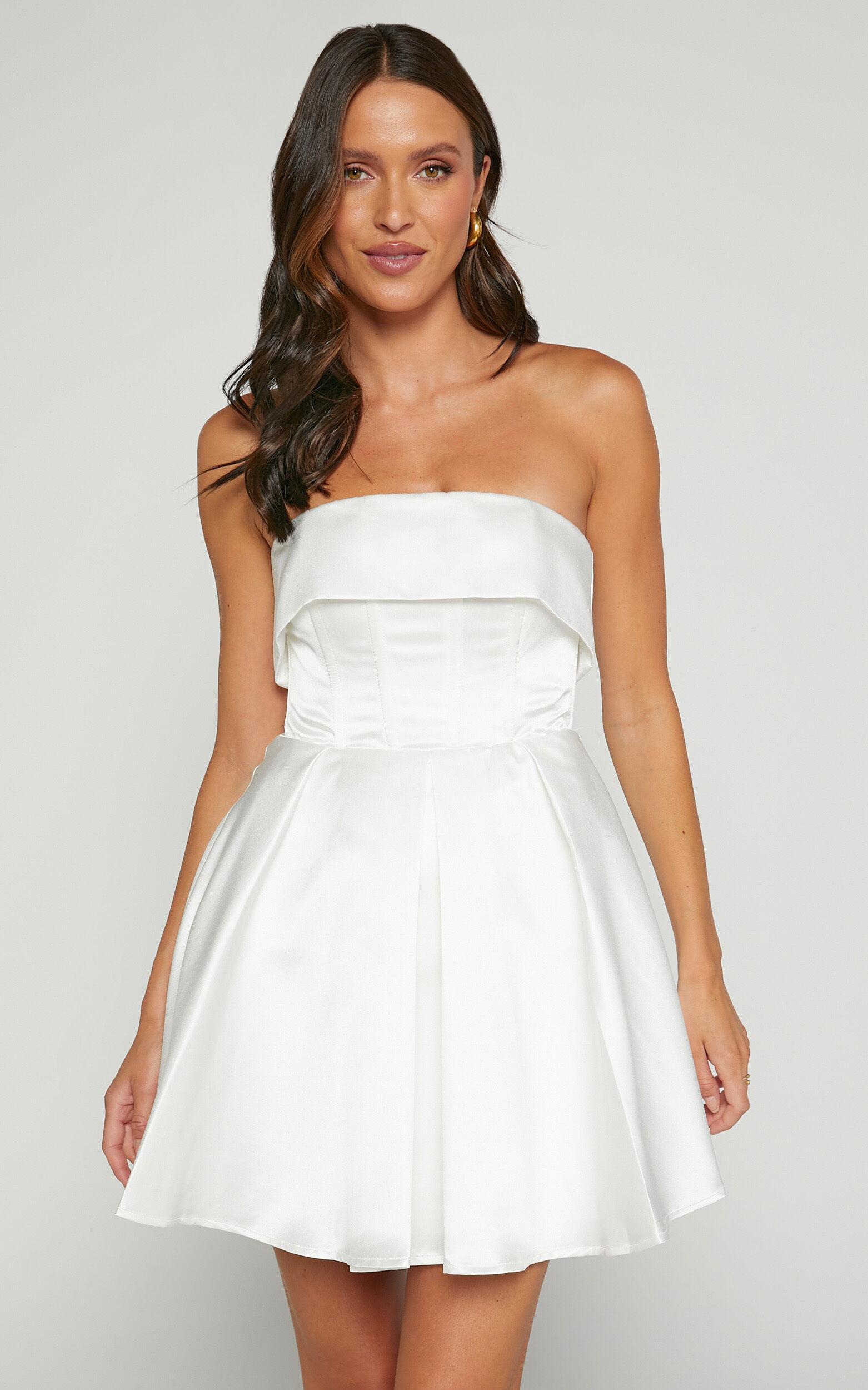 Valora Mini Dress - Strapless Fit and Flare Satin Dress in Ivory Product Image