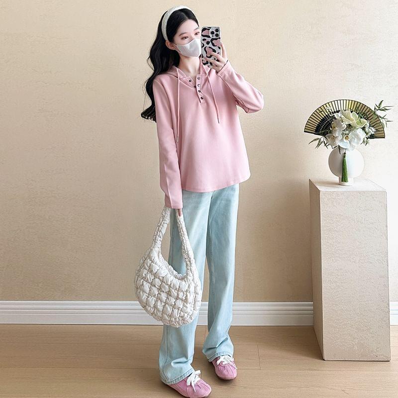 Maternity Long-Sleeve Henley Plain Hooded Tee Product Image