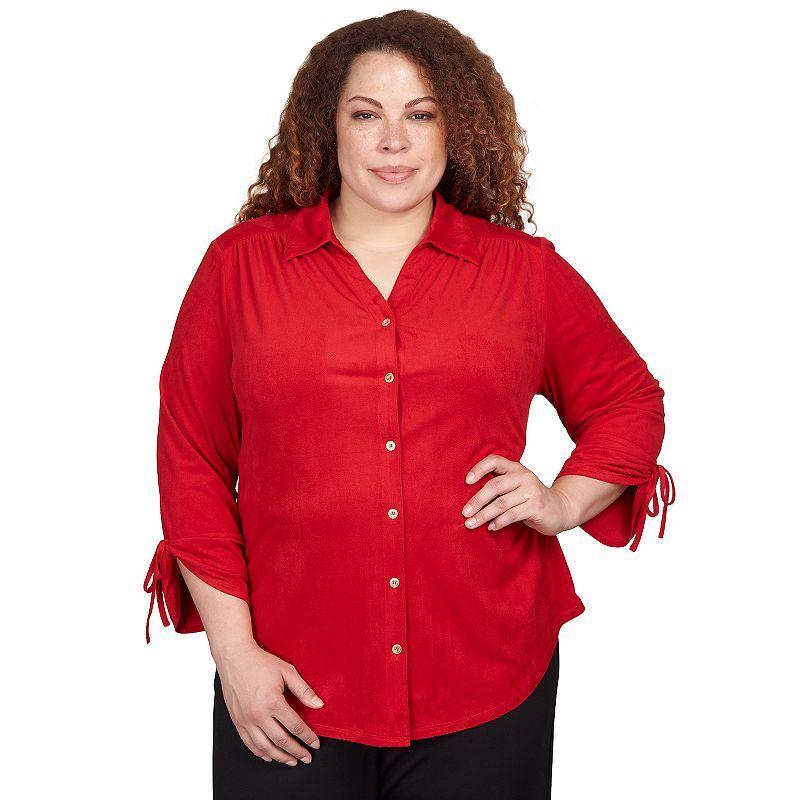 Alfred Dunner Plus Size Park Place Stretch Knit Faux Suede Button Up Top Product Image