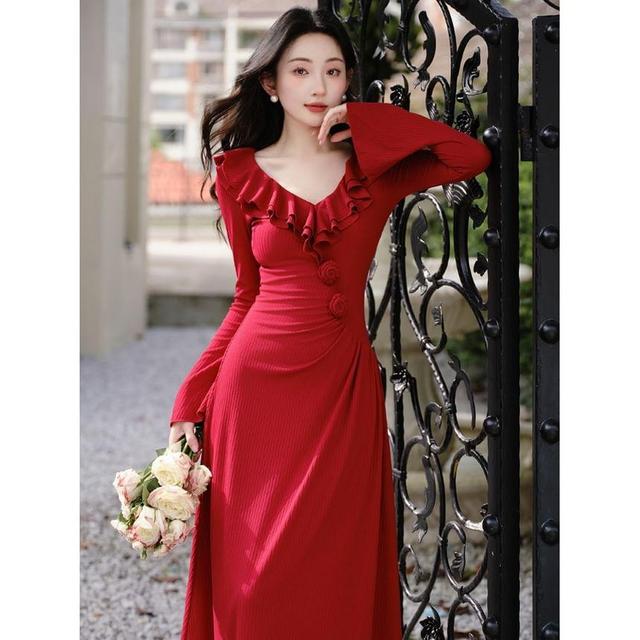 Long-Sleeve V-Neck Plain Flower Accent Ruffle Trim Midi A-Line Knit Dress Product Image