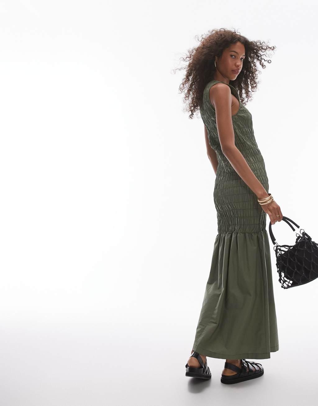 Topshop shirred maxi dress with contrast top stitch in khaki Product Image