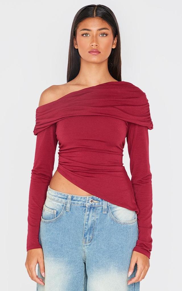 Burgundy Contour Jersey Fold Over Detail Bardot Long Sleeve Top Product Image