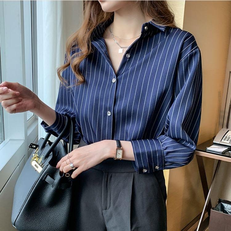 Long-Sleeve Collar Pinstriped Blouse Product Image