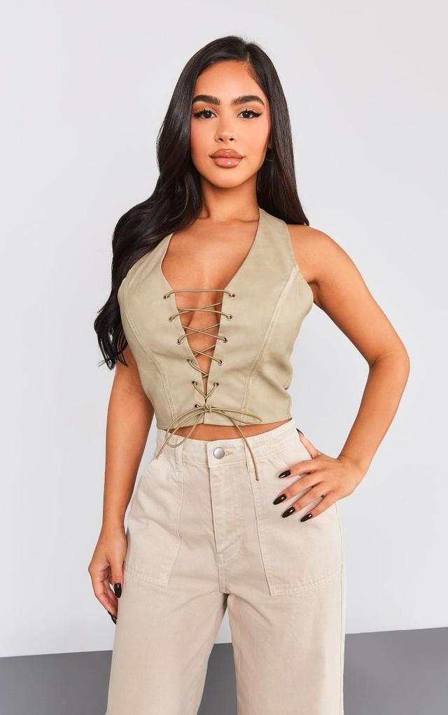 Petite Olive Faux Leather Lace Up Crop Top Product Image