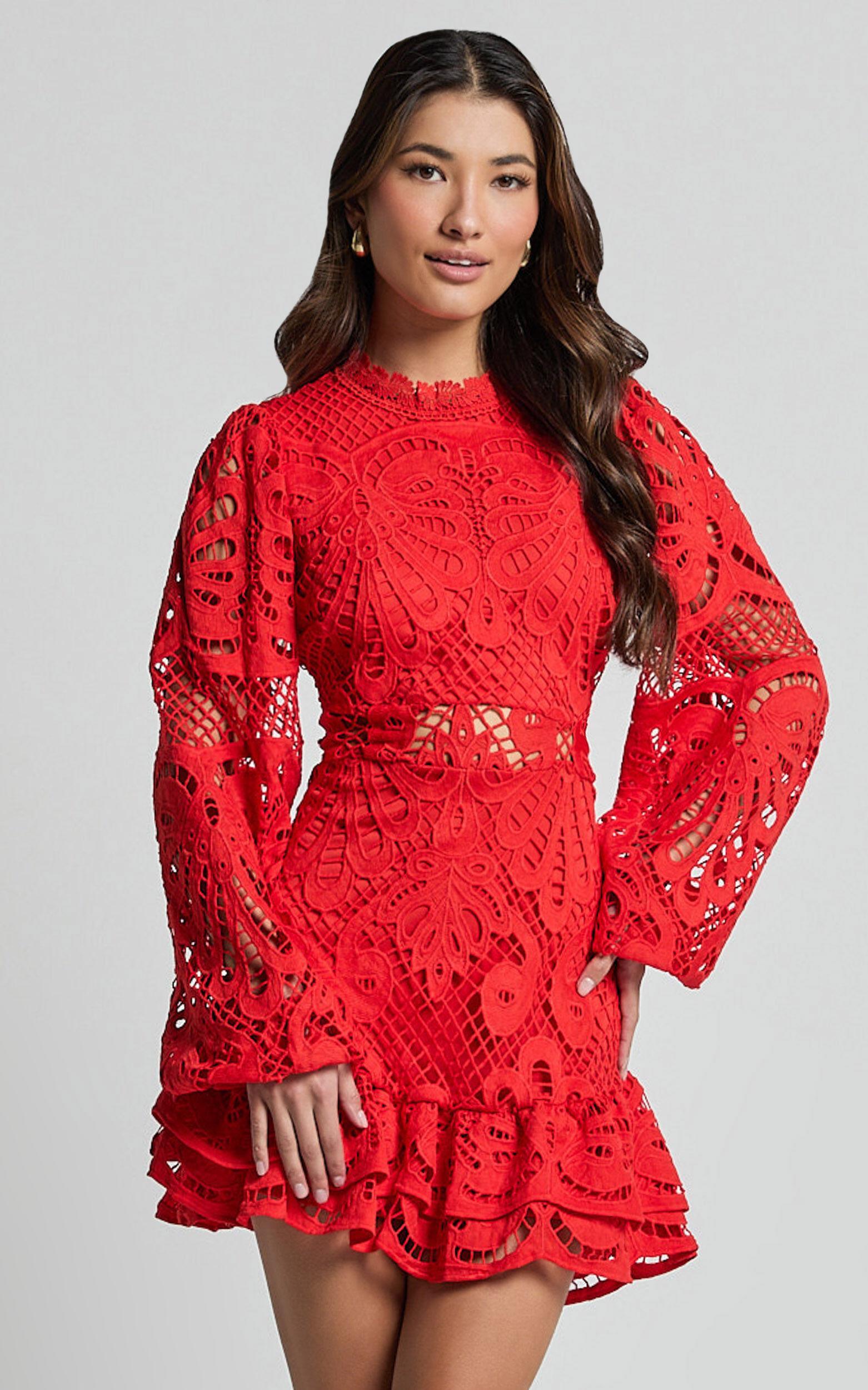 Kiss Me Now Mini Dress - Long Puff Sleeve Dress in Red Floral Product Image