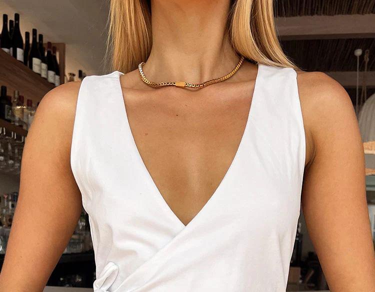 V-Neck Plain Lettuce Edge Tie Waist Wrap Crop Tank Top Product Image