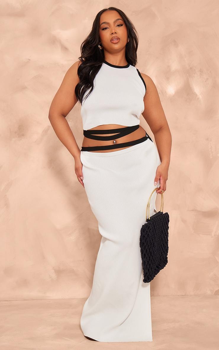 Plus White Rib Knit Contrast Detailing Racer Neck Crop Top Product Image