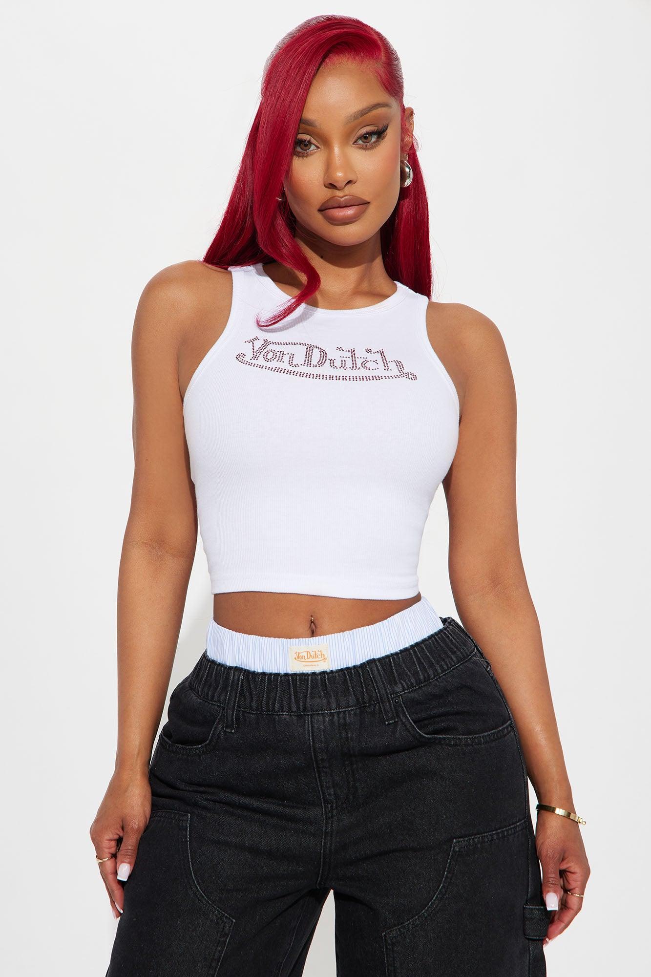 Von Dutch Rhinestone Cropped Tank Top - Red/White Product Image