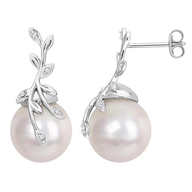 Stella Grace 14k White Gold Freshwater Cultured Pearl & Diamond Accent Leaf Earrings, Womens Product Image