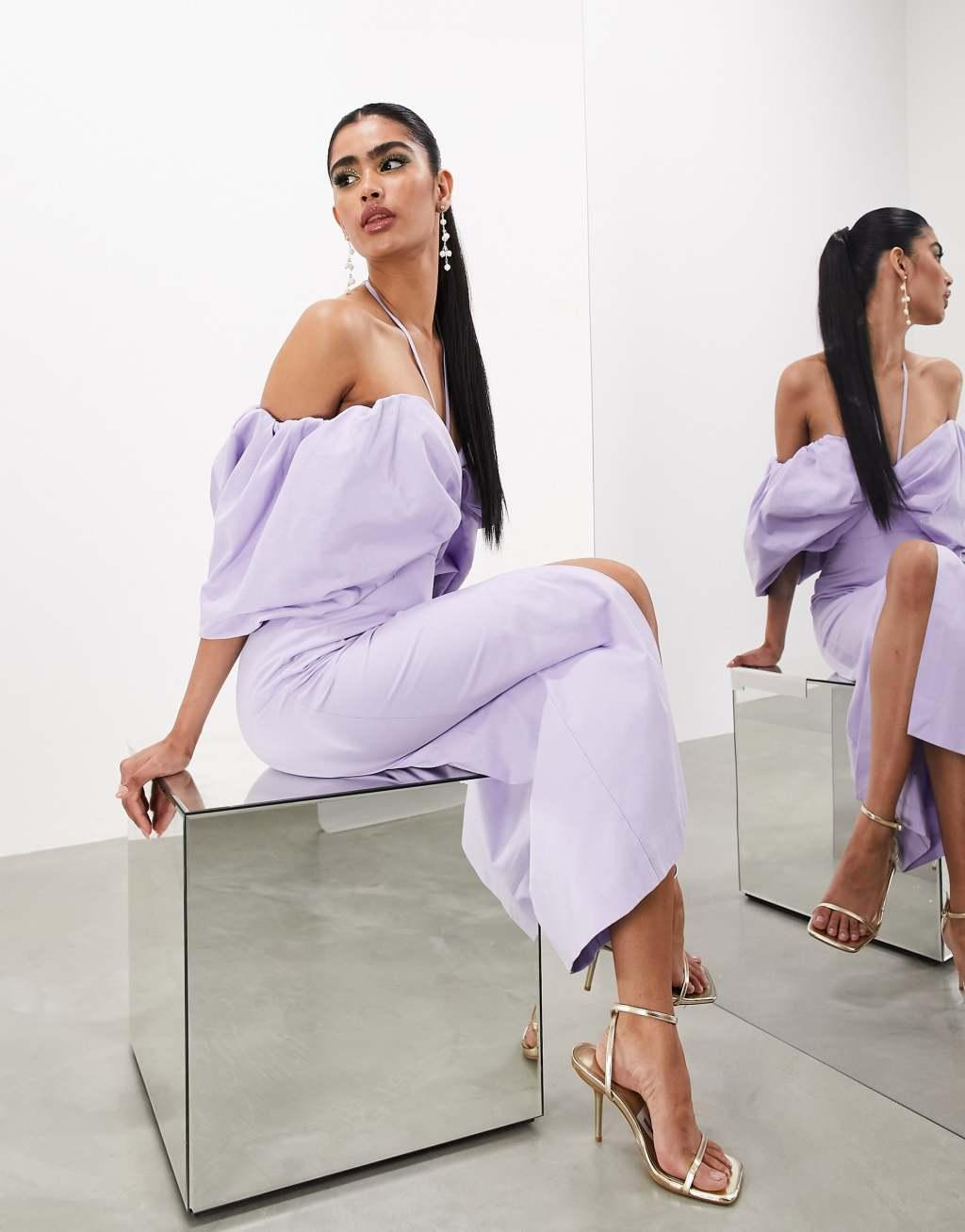 ASOS EDITION bardot bow tie neck detail midi dress in lilac Product Image