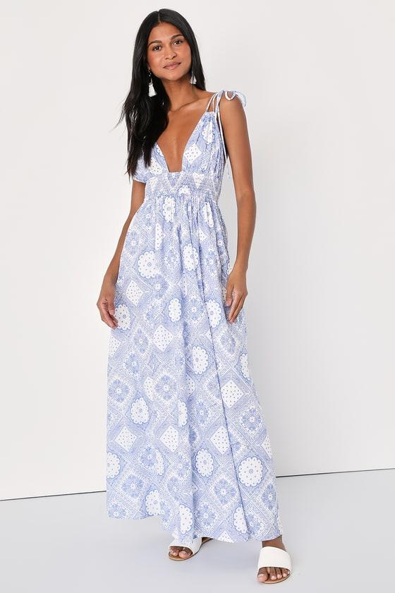 Spanish Sojourn White and Blue Paisley Tie-Strap Maxi Dress Product Image