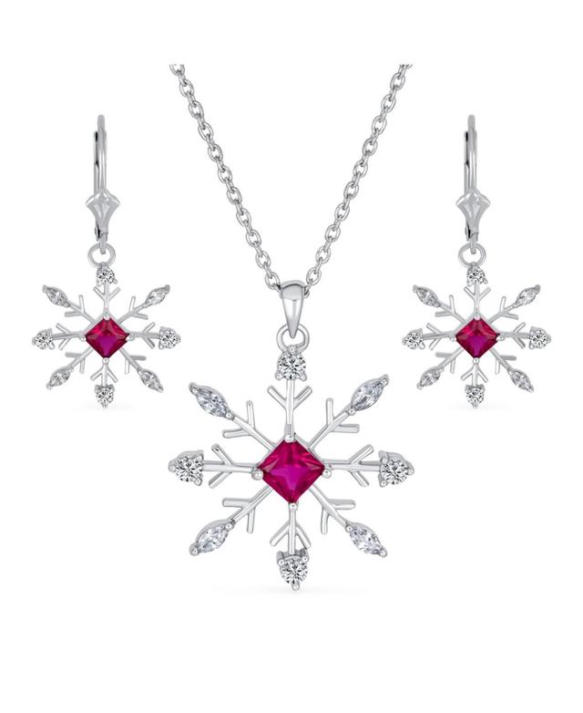 Holiday Party Christmas Pink Rose Cz Clear Cubic Zirconia Snowflake Necklace Pendant Dangling Earrings Jewelry Set For Women Lever Back .925 sterling Product Image