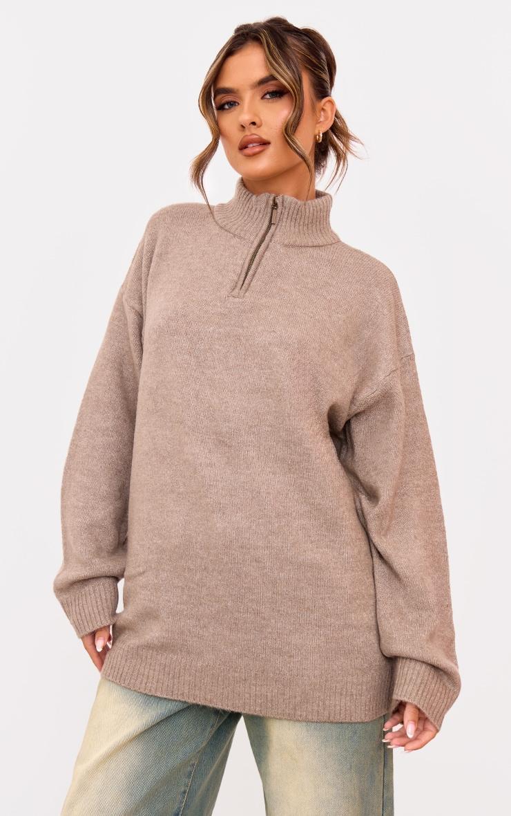 Taupe Knitted Slouchy Half Zip Sweater Product Image