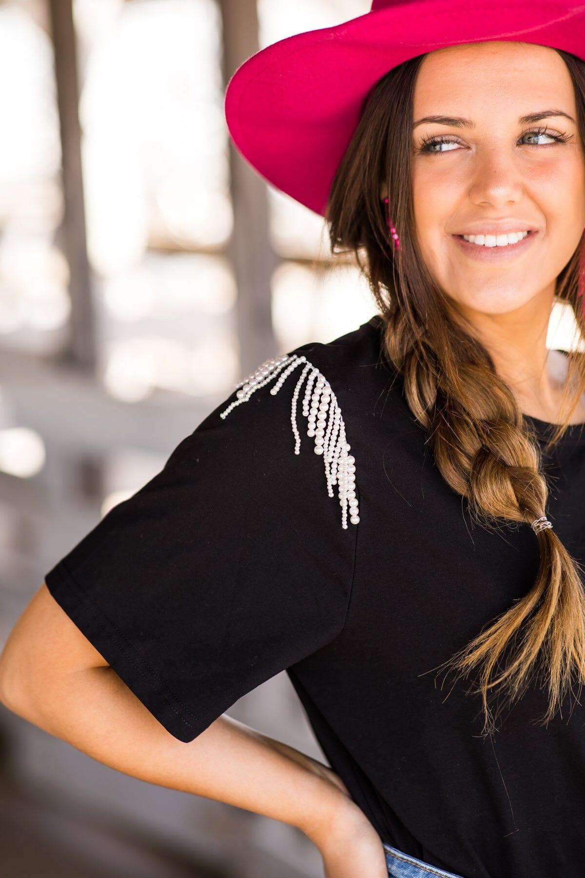 Black Short Sleeve Top With Beaded Fringe Product Image