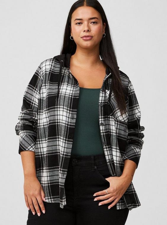 Cotton Flannel Hoodie Button Up Long Sleeve Top product image